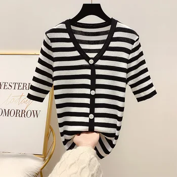 

2020 Summer New Stripe T-shirt Short Sleeve Slim Fit Tshirt Thin Korean-style Casual V-neck T-shirts Tops Women's Fashion Tees