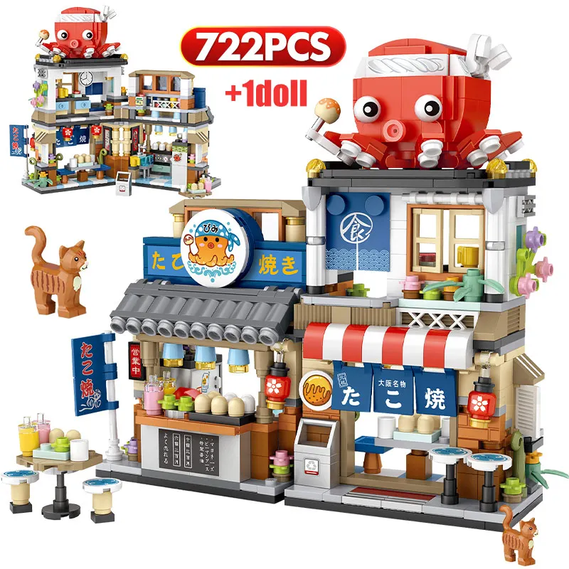 City Mini Street View Japanese Food Takoyaki Shaved Ice Shop Building Blocks Figures Bricks Toys For Children Christmas Gifts