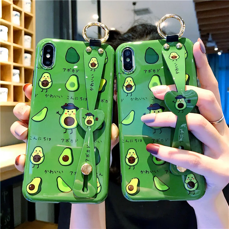 

Cartoon avocado Case for iPhone 8 7 6 6S Plus Phone Case loving heart Wrist Strap Bracket Cover for iPhone XR X XS Max Case