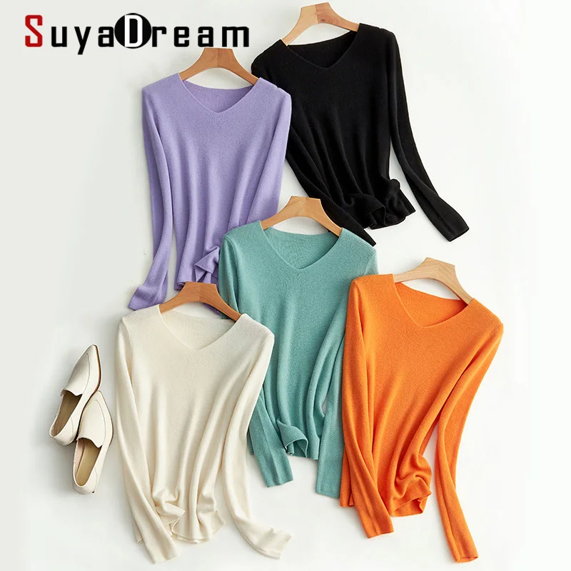 SuyaDream 2021 Winter 100%Wool V Neck Plain Pullovers 2022 Fall Basic Sweaters for Woman Candy Colors | Женская одежда