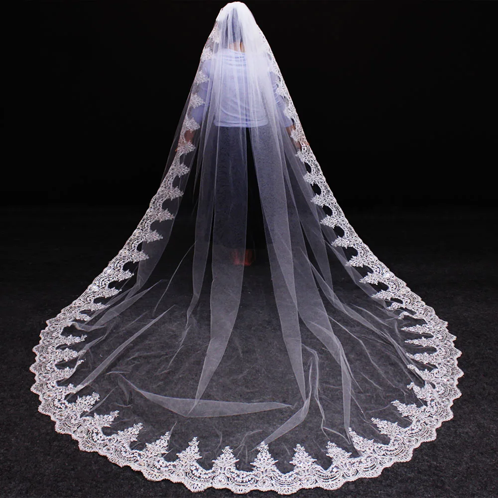 Bridal Veil Lace Wedding Veil Sparkling Sequins Long Bridal Veil Comb 3m/3.5m/4m