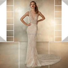 Великолепное длинное вечернее платье цвета шампанского, платье-футляр с v-образным вырезом, без рукавов, стразы, тюль, Дубай