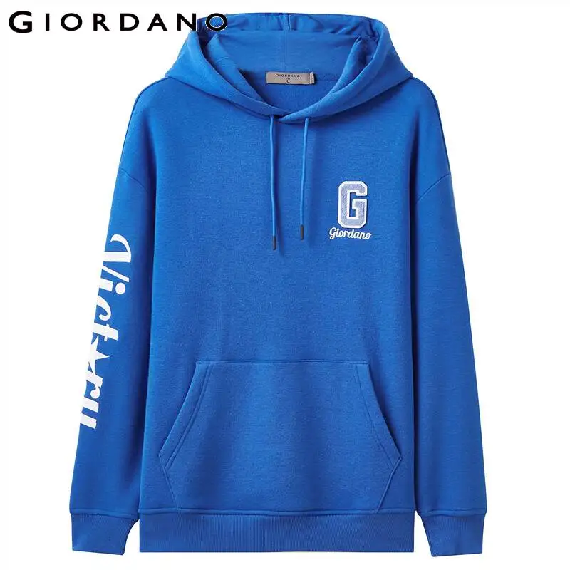Giordano мужские свитшоты с буквенным принтом, с флисовой подкладкой, Kanga, с карманом, с капюшоном, тонкие, синие, мужские худи 910997840