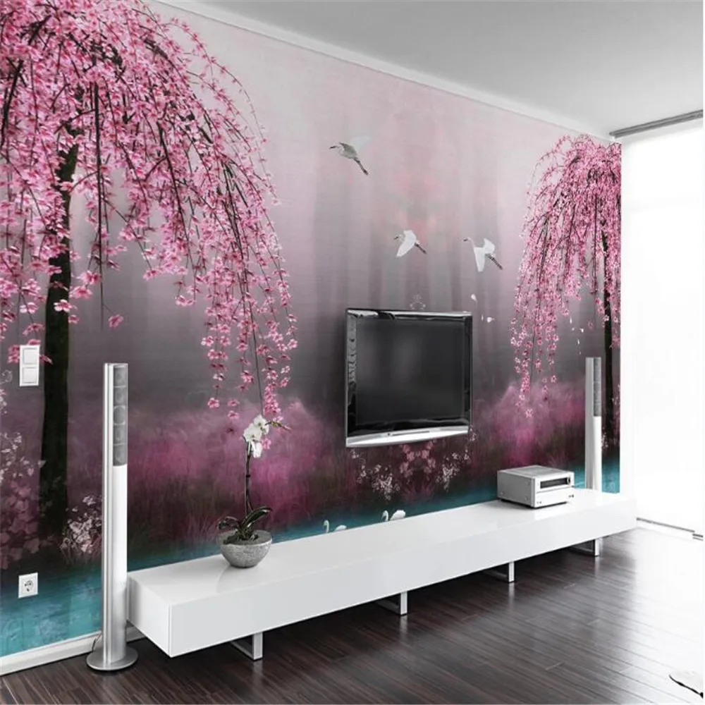 

Milofi professional custom large wallpaper mural modern minimalist beautiful dreamy pink cherry blossom Swan Lake landscape