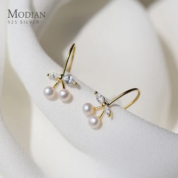 

Modian Cute Tiny Cherry Pearl Dangle Earringsr for Women 925 Sterling Silve Dazzling Clear CZ Drop Earring Fine Jewelry Brincos