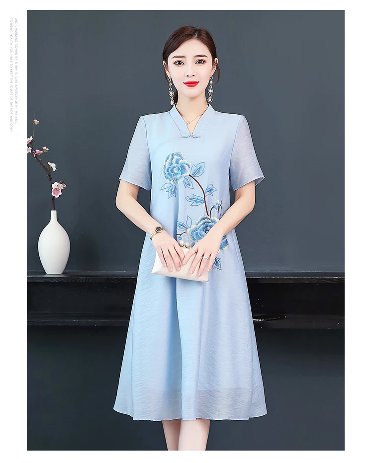 Китайское платье Ципао, улучшенное, v-образный вырез, элегантное, Цветочная вышивка, для подружки невесты, чонсам, женское вечернее платье, vestido