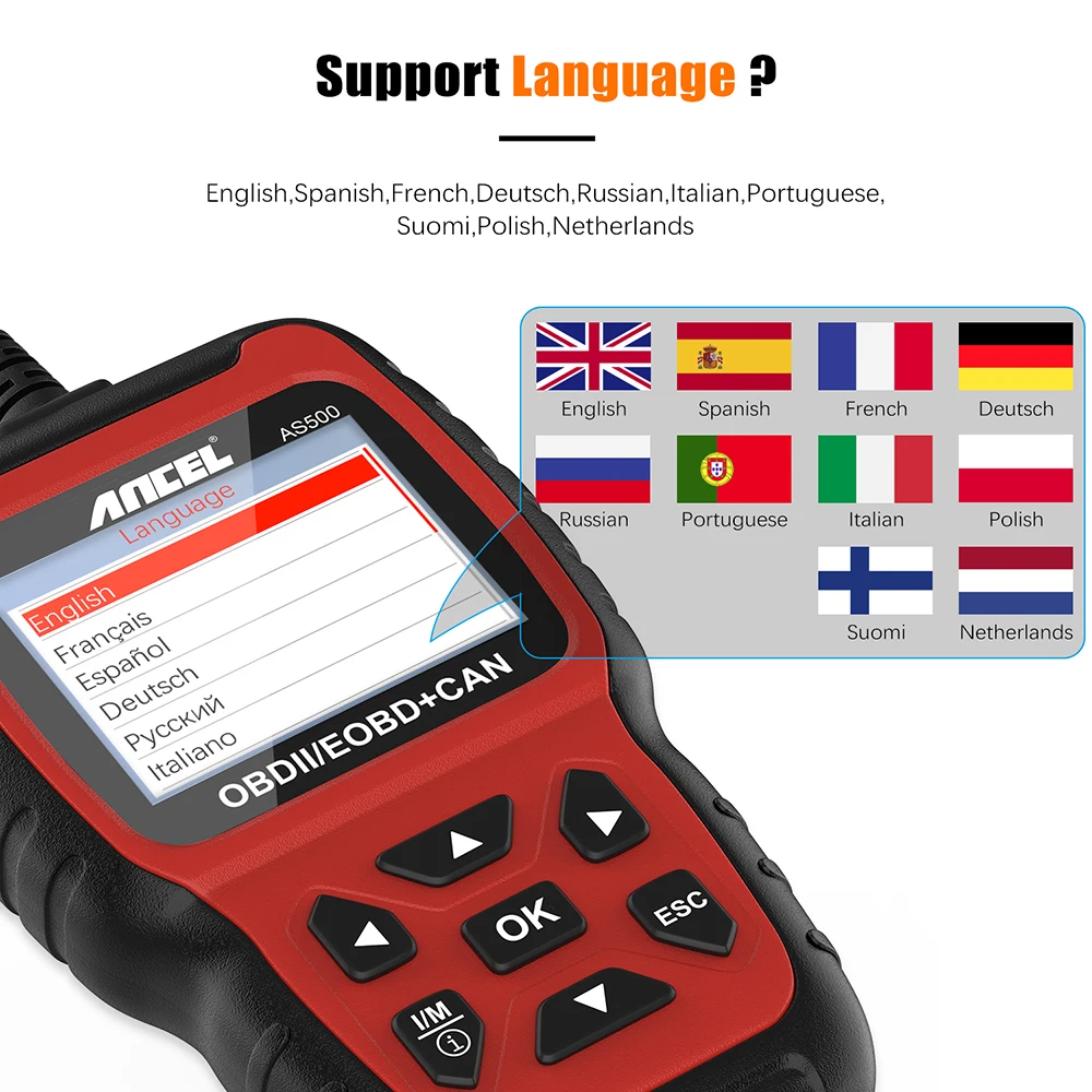 ANCEL AS500 OBD2 Automotive Scanner Full OBDII Engine Check Code Reader Multilingual OBD 2 Auto Diagnostic Scanner Free Update 4