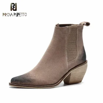 

Prova Perfetto Fashion Mature Retro Solid Color Cow Suede Women's Chelsea Boots Pointed Toe Slip-on Crude Heel Women Ankle Boots