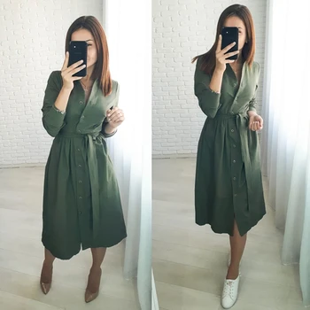 

Women Vintage Front Button Sashes A-line Party Dress Long Sleeve Stand Collar Solid Elegant Casual Dress 2019 Winter New Dress