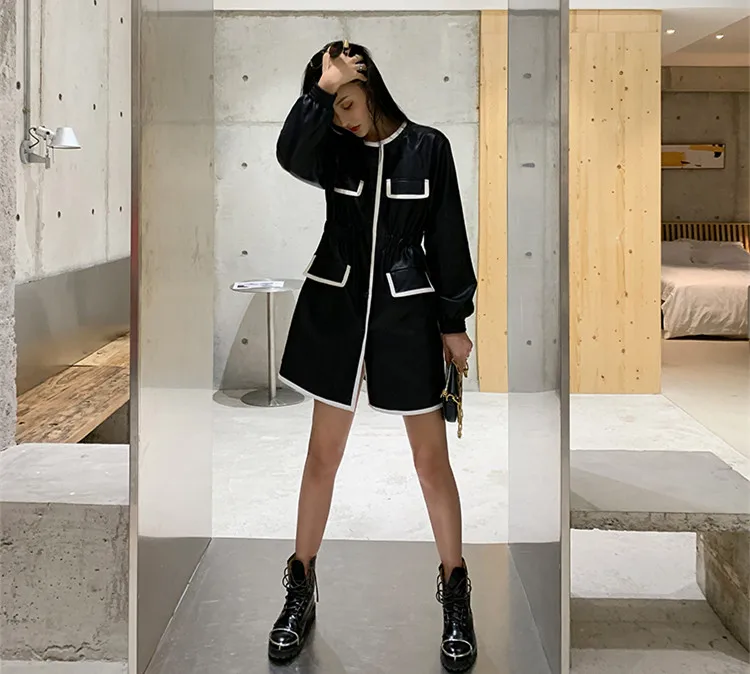 Уличная мода WHITNEY WANG цвета контрастная окантовка PU мини-платье женское элегантное офисное женское платье