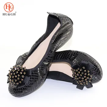 

Women Foldable ballet flats shoes Black Sexy Snakeskin Genuine Leather Beaded flowers ladies fashion cute Portable Drive Flats