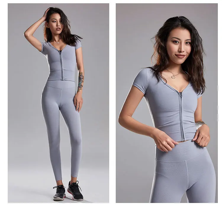 Oyoo на молнии спереди укороченный Топ для женщин slim fit белый обрезанный Йога Спортивная рубашка сексуальный для спортзала футболка розовые топы Спортивные для женщин