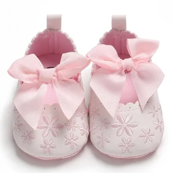 

Baby Girls Toddler Infant First Walkers Spring Soft Sole Non-Slip PU Princess Casual Floral Embroidery Shoes with Bowknot Shoes