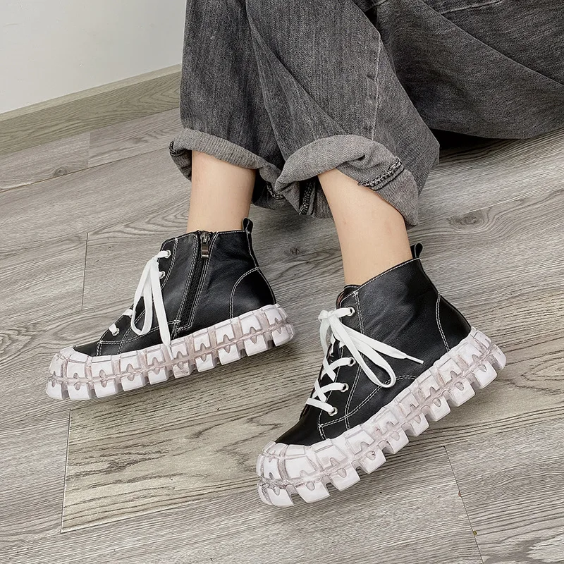 Johnature Platform Sneakers 2020 New Autumn Winter Women Shoes Genuine Leather Lace-up Sewing Fashion Concise Women Sneakers