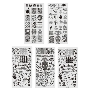 

5PCS Halloween Series Nail Stamping Plate Skull Pumpkin Rectangle Image Template Ghost Nail Art Stamp Stencils