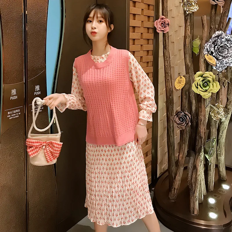 

2019 New Style Pregnant Women Autumn Clothing Set Large Size Dress Chiffon Dress Knitted Sweater Vest Suit