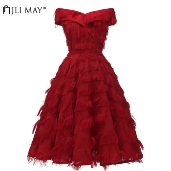 

JLI MAY Off shoulder Tassel Dress Summer Party Evening Elegant Women Clothes Short Sleeve A-Line Knee-Length Vintage Dresses