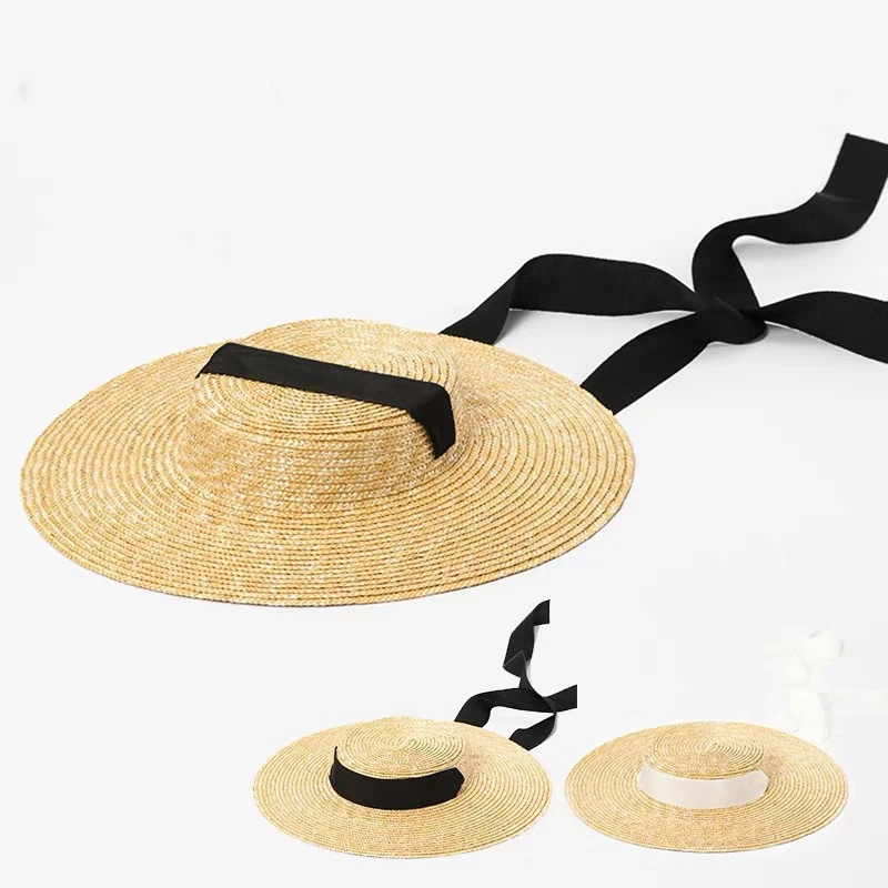 Cappello da sole a tesa larga 15 cm, cappello di paglia piatto per donna, cappelli da spiaggia bianchi e neri con laccetti, cappello laterale da spiaggia, cappello floscio da donna in rafia di paglia_voghion.com