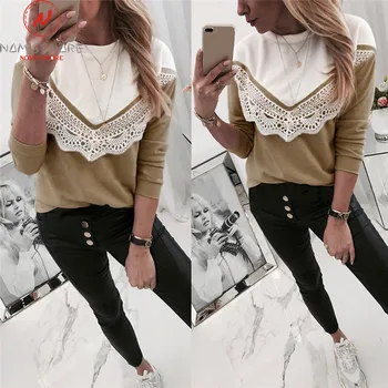 

Fashion Women Hoodies for Streetwear Color Matching Patchwork Design Lace Decor Hollow Out O-Neck Long Sleeve Autumn Winter Top