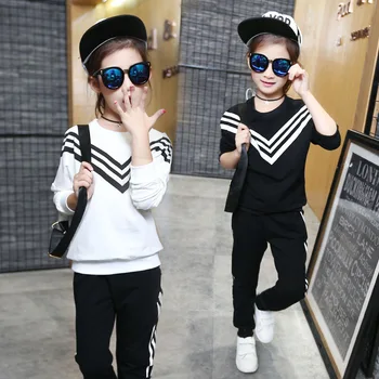 

New Girls Sports Suits Autumn fall Clothes Long Sleeve navy Sweatshirt +Pants Sets 2pcs For Girl black white Children Tracksuit
