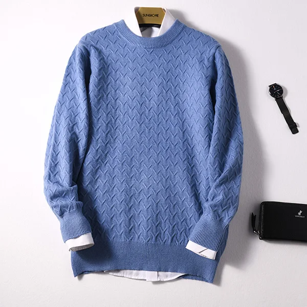 Высококачественные мужские кашемировые свитера и шерстяные вязальные Джемперы, мужские зимние пуловеры с круглым вырезом, текстурированный свитер, модный свитер - Цвет: sky blue