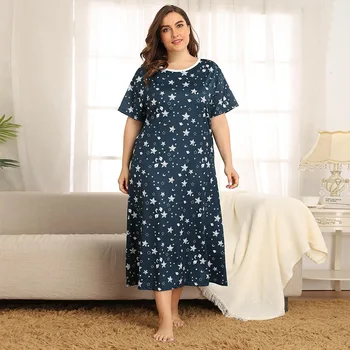 

4XL XXXXL Plus Size Summer Women Pajama Nice Short Sleeve Stars Printing Pajamas Soft Sleep Dress Sleepwear Homewear