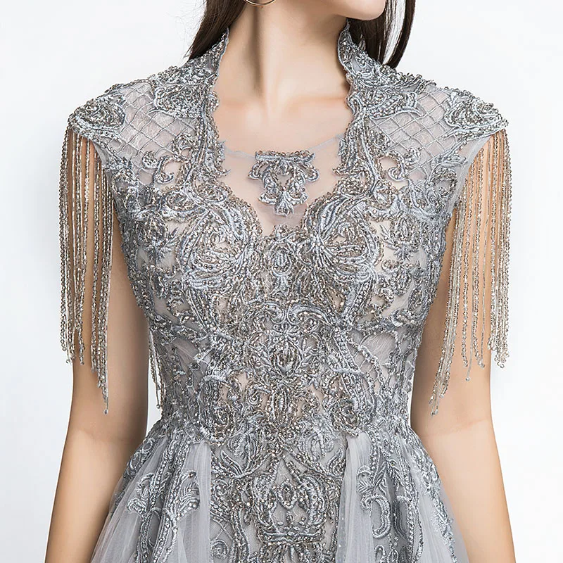 Новое поступление, платья с высоким воротом в стиле знаменитостей, роскошное серое женское вечернее платье с бисером, Прямая поставка L5486