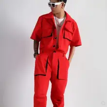 S-5XL, новинка, Мужская одежда, красный чистый хлопок, короткий рукав, комбинезон, винтажные комбинезоны, штаны, цельные брюки, костюмы певицы