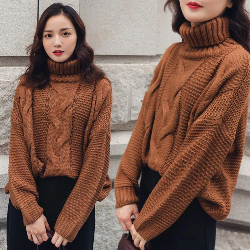 

MYDC Winter Clothes Women 2019 Turn-down Collar Wool Pullovers Loose Thickening Twist Solid Color Knitted Sweaters