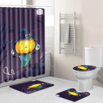 

Halloween Shower Curtain Mat Combination Four-Piece Set Bathroom Toilet Carpet Shower Room Foot Mat Cross-Border Hair