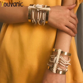 

Youvanic Punk Ethnic Wide Cuff Bracelets Bangles Women Shell Beads Bracelet Gold Alloy Open Thick Rope Wrap Bangle Jewelry 0392