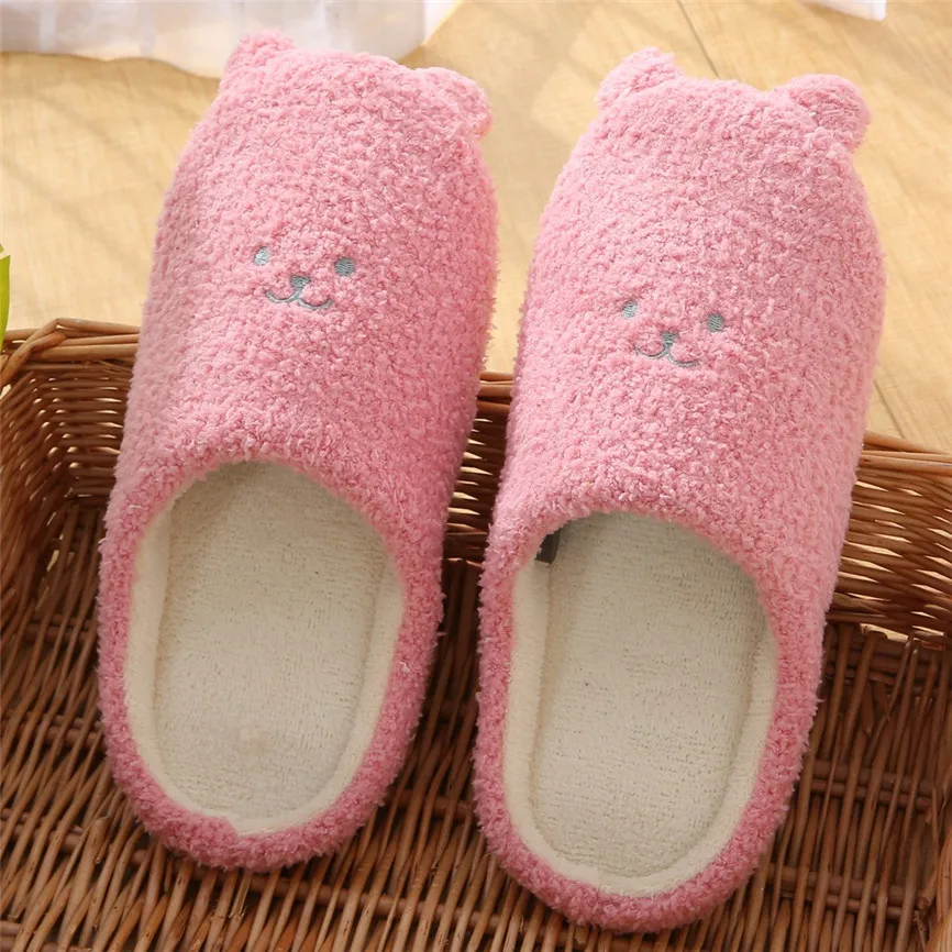 Cute Bear Cotton Slippers Women's Winter House Fur Slippers Slip-On Anti-Skid Female Flat With Soft Sole Shoes Snow Slippers 70 - Цвет: Red