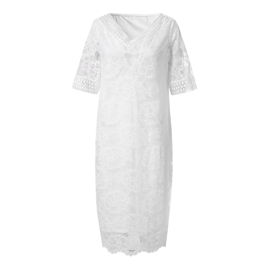 Womail женское платье большого размера сексуальное кружевное платье с v-образным вырезом и коротким рукавом для вечеринки, однотонное осеннее платье для девушек, XL-5XL - Цвет: WH