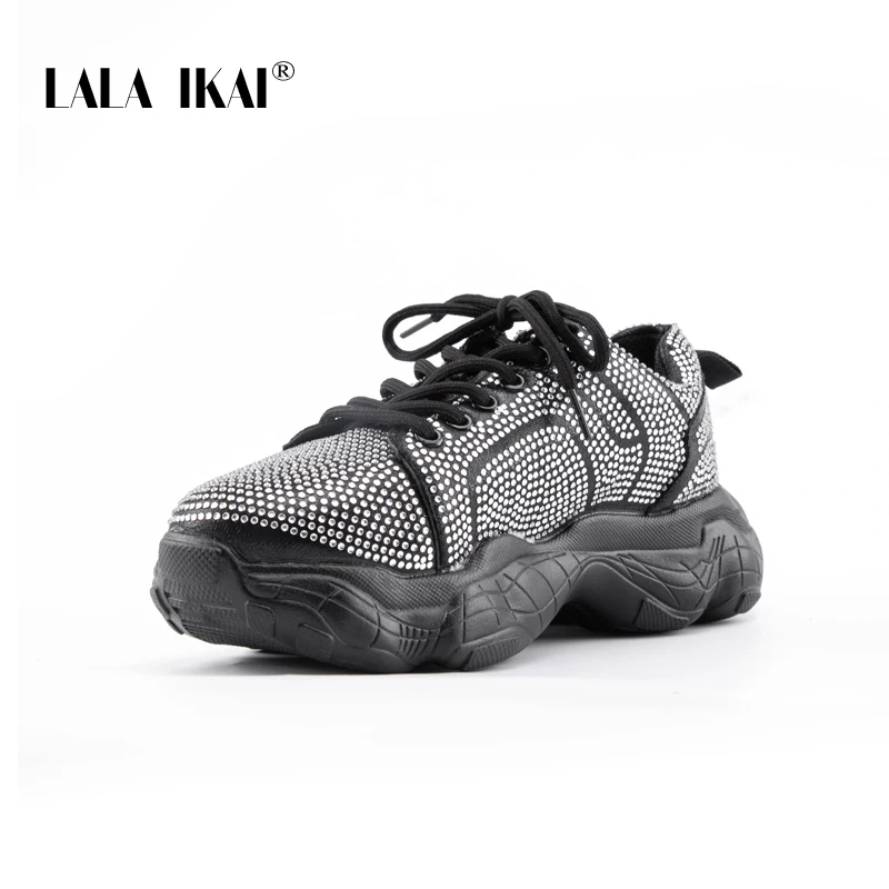 LALA IKAI/женские кроссовки; Черная дышащая сетчатая обувь; женские повседневные кроссовки с вулканизированной подошвой на шнуровке; теннисная обувь на мягкой платформе; A9239-4