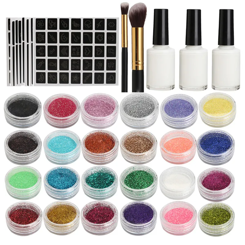 

24 Colors Glitter 118Pcs Stencils Temporary Body Art Cosmetics Tattoo Powder Component Set Body Art Tattoo Kit
