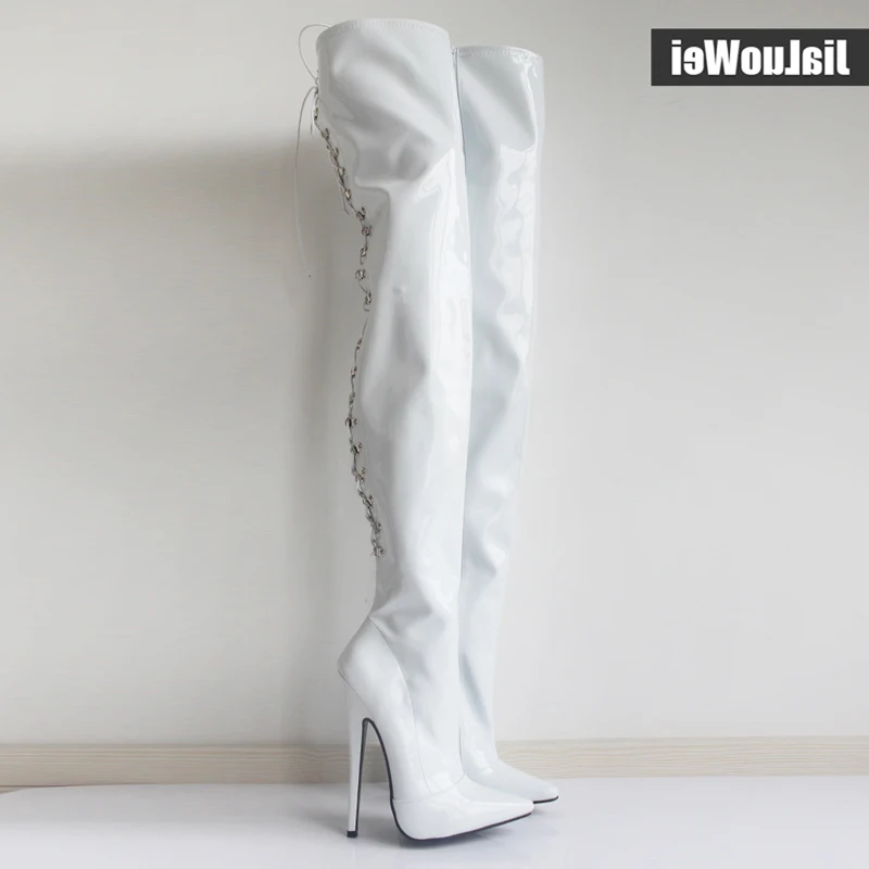 

New arrival women zipper high heels over knee fashion patent leather high-heeled sexy boots white black red shoes plus size