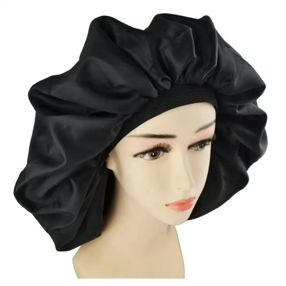 New Fshion Women Satin Solid Sleeping Hat Night Sleep Cap Hair Bonnet Hat Silk Head Cover Wide Elastic Band Unisex Cap Black satin bonnet,hair bonnet,silk bonnet,satin nightcap,sleeping cap