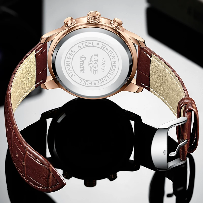 2021 LIGE Watches Mens Top Brand Luxury Clock Casual Leathe 24Hour Moon Phase Men Watch Sport Waterproof Quartz Chronograph+Box