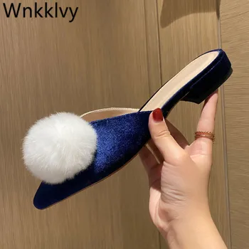 

Woman Flipflops summer Shoes patchwork velvet pompoms decor slippers outdoor 2020 flat heel mules pointed toe lazy loafers