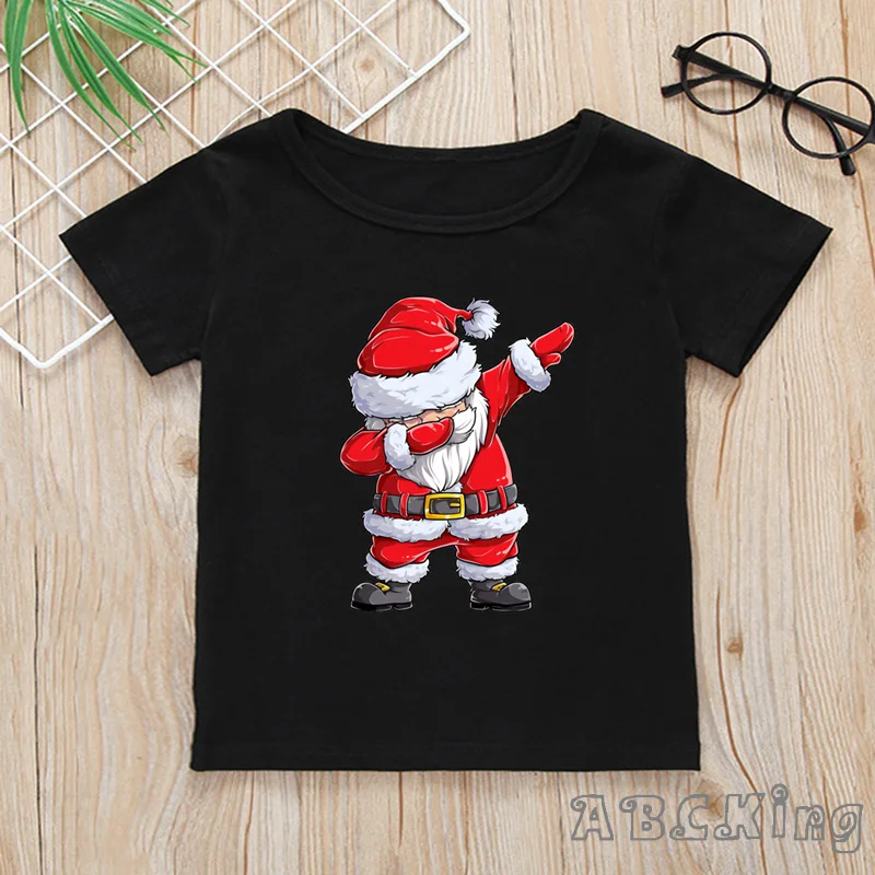 Детская футболка с принтом «веселое Рождество», с изображением Санта-Клауса топы с короткими рукавами для мальчиков и девочек, детская забавная черная футболка HKP5112 - Цвет: Modal Black C