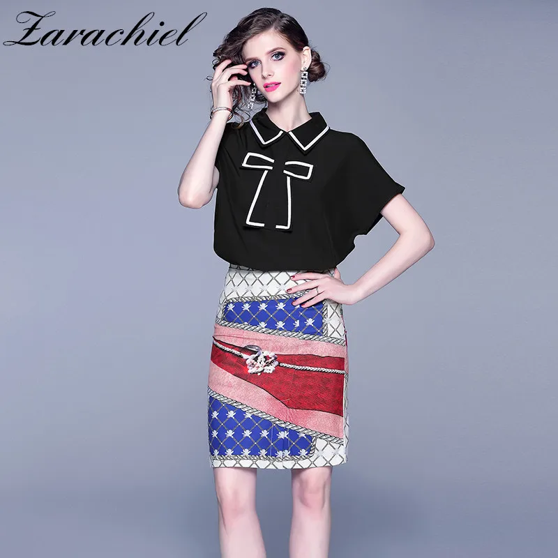 

Fashion Designer Suits Set Women's Elegant Big Bowknot Black T-Shirt+High Waist Vintage Printed Plaid Skirt Autumn 2 Pieces Set