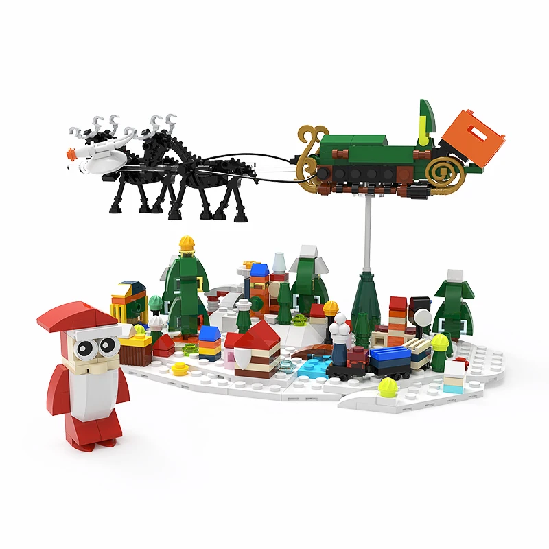 Moc Christmas Snow Scene Winter Wonderland Building Blocks Set Santa Cottage Pupazzo Di Neve Zucca Alci Mattoni Giocattoli Per Regali Per Bambini