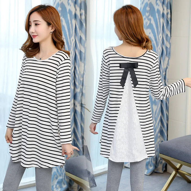 

Maternity Clothes 2019 Spring New Style Korean-style Fashion Stripes Bow Mid-length Loose And Plus-sized Pregnant Women Dress