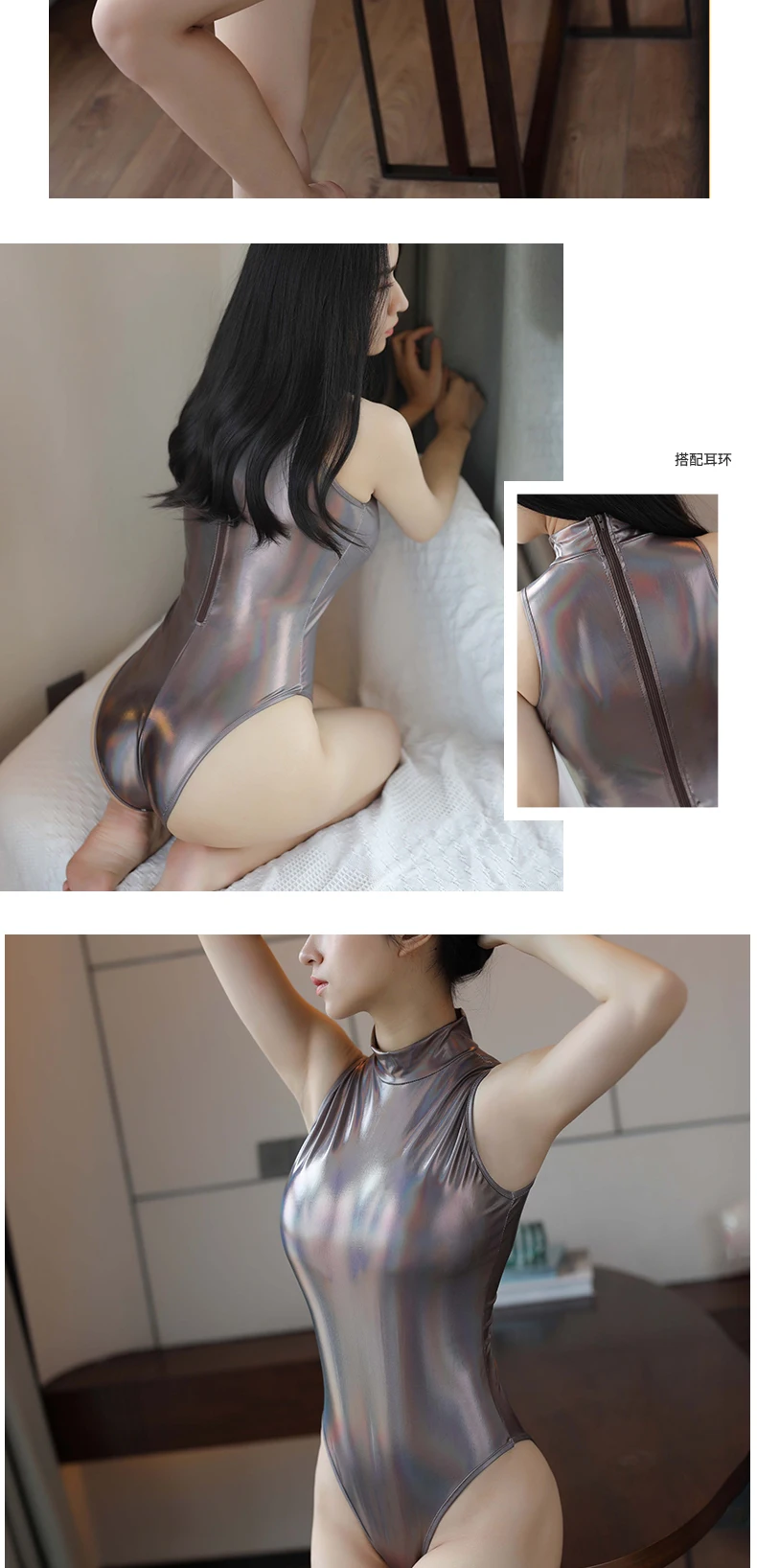 bodysuits Shiny Metallic PU Faux Leather Sexy Bodysuit Shiny High Cut Swimsuit Bathing Suits Leotard Sexy Tights Shaping Wear Stage Wear corset bodysuit