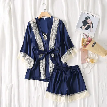 

Satin 3PCS Pajamas Suit Kimono Robe Women Sexy Homewear Top&Shorts Lace Patchwork Home Clothes Sleepwear Silky Pijamas Set