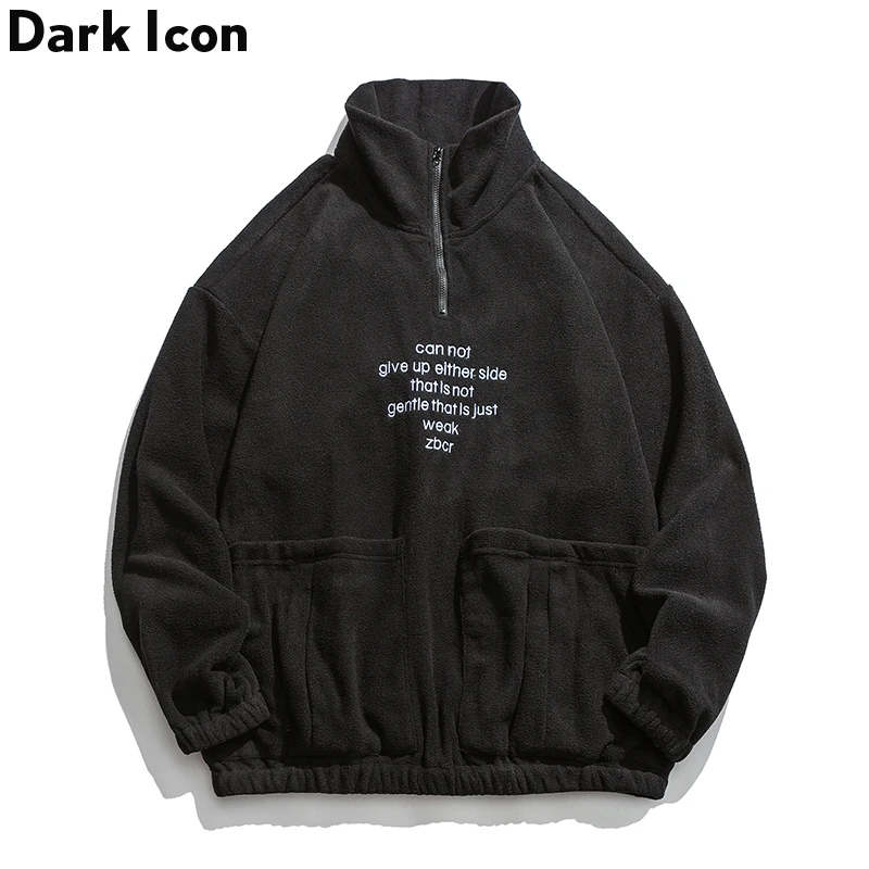 Dark Icon Front Half Zipper Fleece Street Sweatshirt Men Pullover Hip Hop Sweatshirts Streetwear Sweatshirt for Men White/black