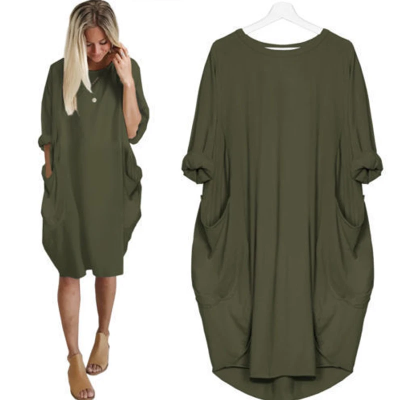 

New Summer Casual Long Sleeves Loose Dress Large Size O Neck Solid Color Pockets Party Dress Beach Female Clothes XXXL 4XL 5XL