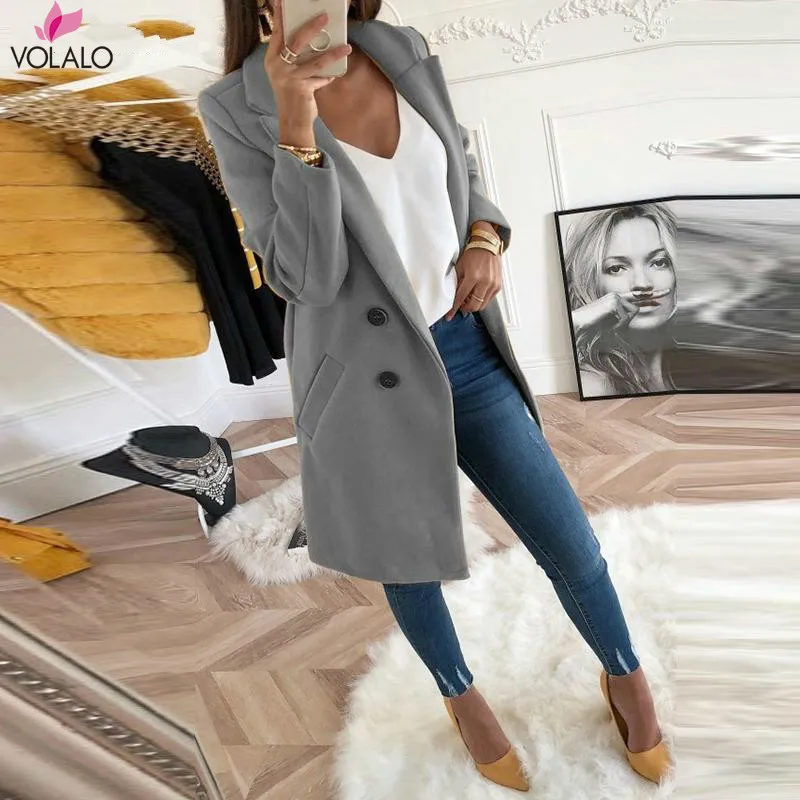 

2019 New Women Long Sleeve Turn-Down Collar Outwear Jacket Wool Blend Coat Casual Autumn Winter Elegant Overcoat Loose Plus Size
