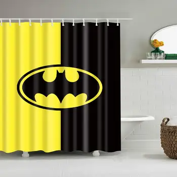 

Batman Bathroom Shower Curtain Stylish Cartoon Bat Signal Yellow Black Background Decor Kid's Bathroom with Hooks Waterproof