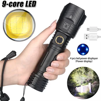 

Powerful 9-Core LED Flashlight USB Rechargeable Torch Zoomable Tactical Flashlight 5-Modes for Camping Hiking Hunting Night Lamp